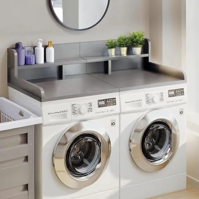 Main image of 54" Washer Dryer Countertop with Shelf, Stop Edge and Non-slip Pads, Grey | Wooden Laundry Countertop, 54" x 27.5" Double Layer Topper for Laundry Room Organization Hamper Counter, Sorting, Folding