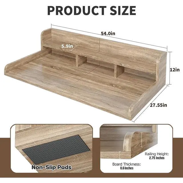 Alt view image 2 of 7 - 54" Washer Dryer Countertop with Shelf, Edge and Non-slip Pads, Brown+Sand | Wooden Laundry Countertop, 54" x 27.5" Double Layer Topper for Laundry Room Organization Hamper Counter, Sorting, Folding