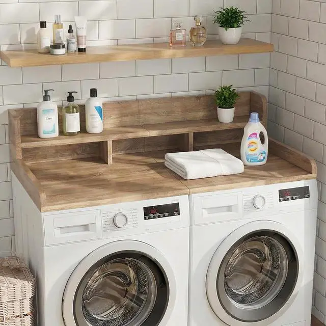 Alt view image 4 of 7 - 54" Washer Dryer Countertop with Shelf, Edge and Non-slip Pads, Brown+Sand | Wooden Laundry Countertop, 54" x 27.5" Double Layer Topper for Laundry Room Organization Hamper Counter, Sorting, Folding
