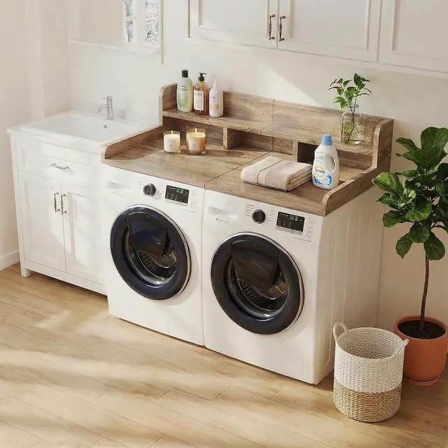 Alt view image 5 of 7 - 54" Washer Dryer Countertop with Shelf, Edge and Non-slip Pads, Brown+Sand | Wooden Laundry Countertop, 54" x 27.5" Double Layer Topper for Laundry Room Organization Hamper Counter, Sorting, Folding