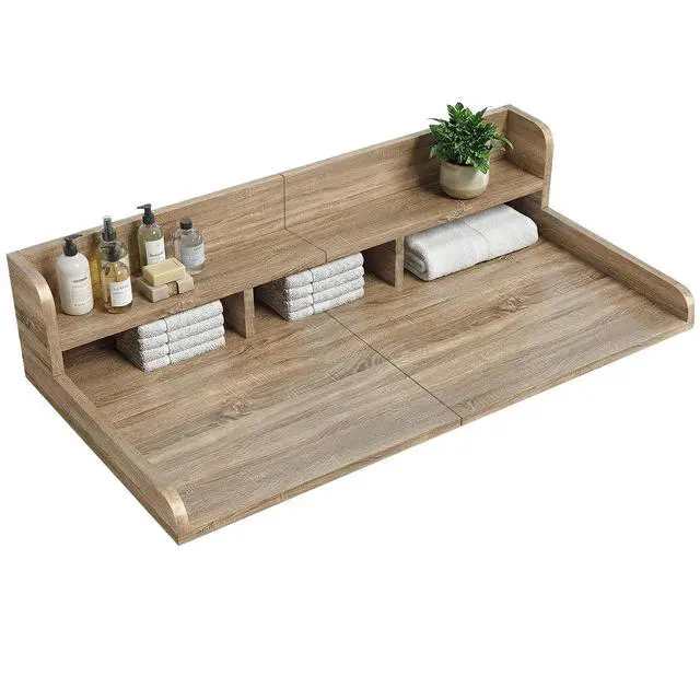 Alt view image 7 of 7 - 54" Washer Dryer Countertop with Shelf, Edge and Non-slip Pads, Brown+Sand | Wooden Laundry Countertop, 54" x 27.5" Double Layer Topper for Laundry Room Organization Hamper Counter, Sorting, Folding