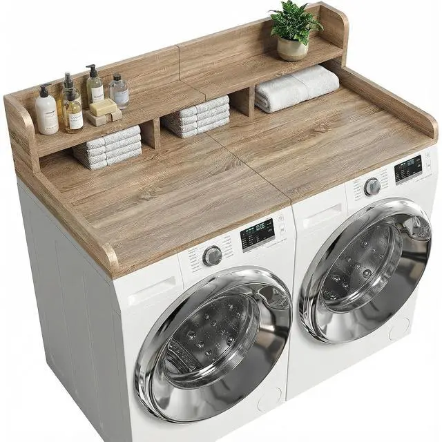 Alt view image 6 of 7 - 54" Washer Dryer Countertop with Shelf, Edge and Non-slip Pads, Brown+Sand | Wooden Laundry Countertop, 54" x 27.5" Double Layer Topper for Laundry Room Organization Hamper Counter, Sorting, Folding