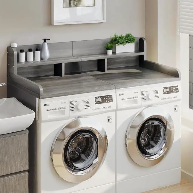 Main image of 54" Washer Dryer Countertop with Shelf, Edge and Non-slip Pads, Gray Stripe | Wooden Laundry Countertop, 54" x 27.5" Double Layer Topper for Laundry Room Organization Hamper Counter, Sorting, Folding