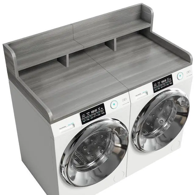 Alt view image 2 of 7 - 54" Washer Dryer Countertop with Shelf, Edge and Non-slip Pads, Gray Stripe | Wooden Laundry Countertop, 54" x 27.5" Double Layer Topper for Laundry Room Organization Hamper Counter, Sorting, Folding