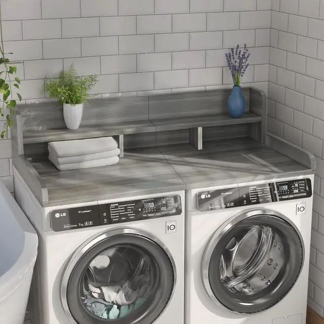 Alt view image 7 of 7 - 54" Washer Dryer Countertop with Shelf, Edge and Non-slip Pads, Gray Stripe | Wooden Laundry Countertop, 54" x 27.5" Double Layer Topper for Laundry Room Organization Hamper Counter, Sorting, Folding