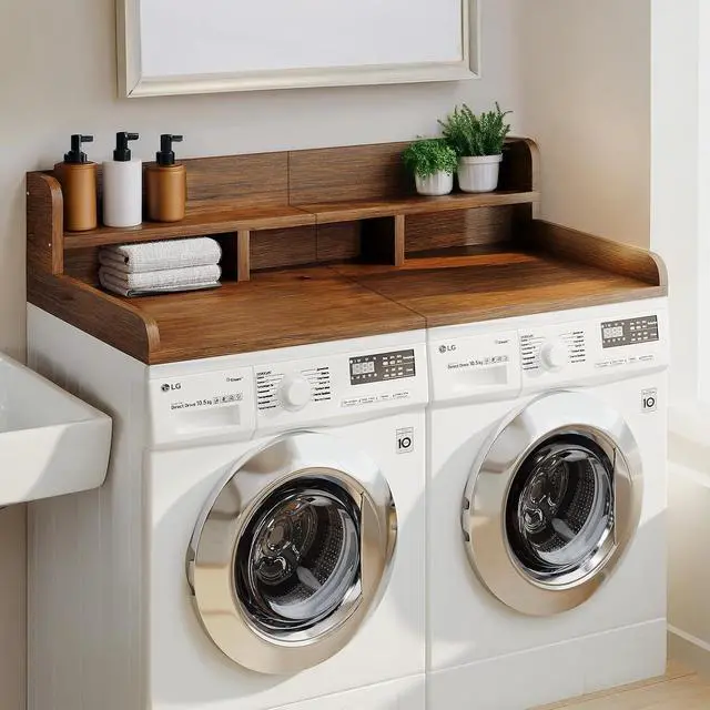 Main image of 54" Washer Dryer Countertop with Shelf, Stop Edge and Non-slip Pads, Walnut | Wooden Laundry Countertop, 54" x 27.5" Double Layer Topper for Laundry Room Organization Hamper Counter, Sorting, Folding