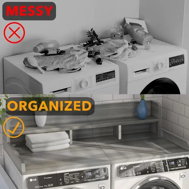 Alt view image 6 of 7 - 54" Washer Dryer Countertop with Shelf, Edge and Non-slip Pads, Gray Stripe | Wooden Laundry Countertop, 54" x 27.5" Double Layer Topper for Laundry Room Organization Hamper Counter, Sorting, Folding