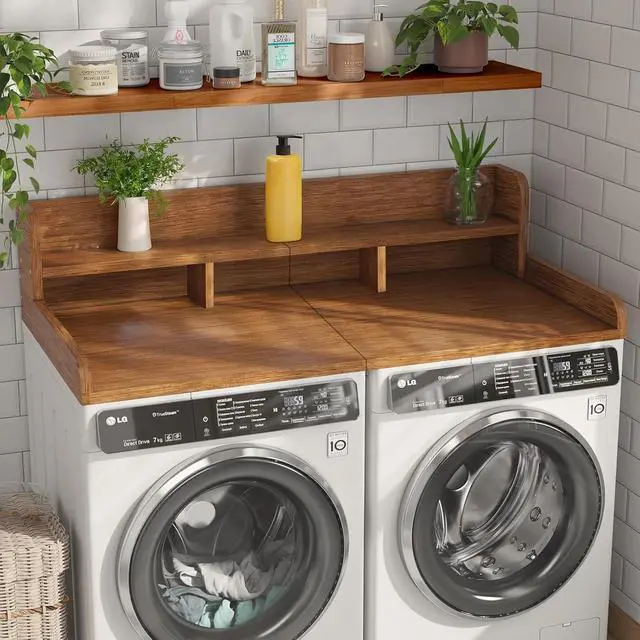 Alt view image 3 of 7 - 54" Washer Dryer Countertop with Shelf, Stop Edge and Non-slip Pads, Walnut | Wooden Laundry Countertop, 54" x 27.5" Double Layer Topper for Laundry Room Organization Hamper Counter, Sorting, Folding