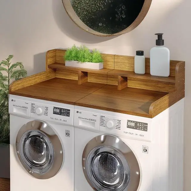 Alt view image 2 of 7 - 54" Washer Dryer Countertop with Shelf, Stop Edge and Non-slip Pads, Walnut | Wooden Laundry Countertop, 54" x 27.5" Double Layer Topper for Laundry Room Organization Hamper Counter, Sorting, Folding