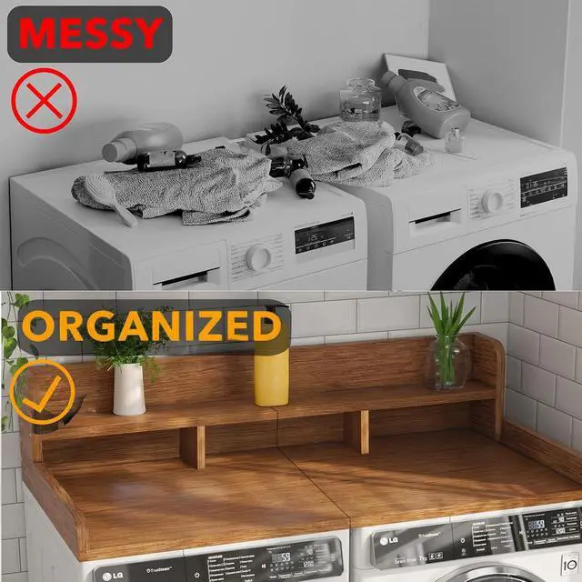 Alt view image 6 of 7 - 54" Washer Dryer Countertop with Shelf, Stop Edge and Non-slip Pads, Walnut | Wooden Laundry Countertop, 54" x 27.5" Double Layer Topper for Laundry Room Organization Hamper Counter, Sorting, Folding