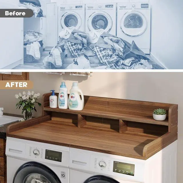 Alt view image 3 of 6 - 54" Washer Dryer Countertop with Shelf, Stop Edge and Non-slip Pads, Dark Walnut