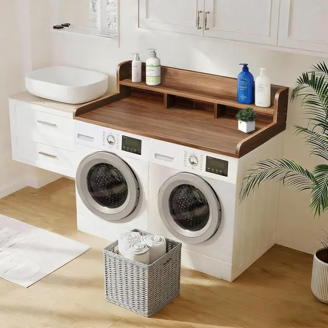 Alt view image 6 of 6 - 54" Washer Dryer Countertop with Shelf, Stop Edge and Non-slip Pads, Dark Walnut