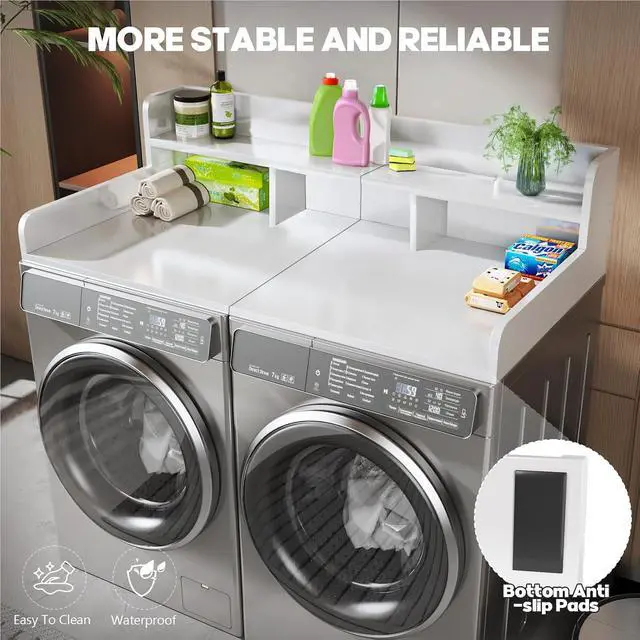 Alt view image 3 of 7 - 58" Washer Dryer Countertop with Shelf, Stop Edge and Non-slip Pads, White | Wooden Laundry Countertop, 58" x 28" Double Layer Topper for Laundry Room Organization Hamper Counter, Sorting, Folding