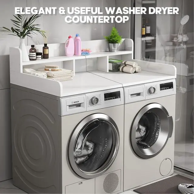 Alt view image 5 of 7 - 58" Washer Dryer Countertop with Shelf, Stop Edge and Non-slip Pads, White | Wooden Laundry Countertop, 58" x 28" Double Layer Topper for Laundry Room Organization Hamper Counter, Sorting, Folding