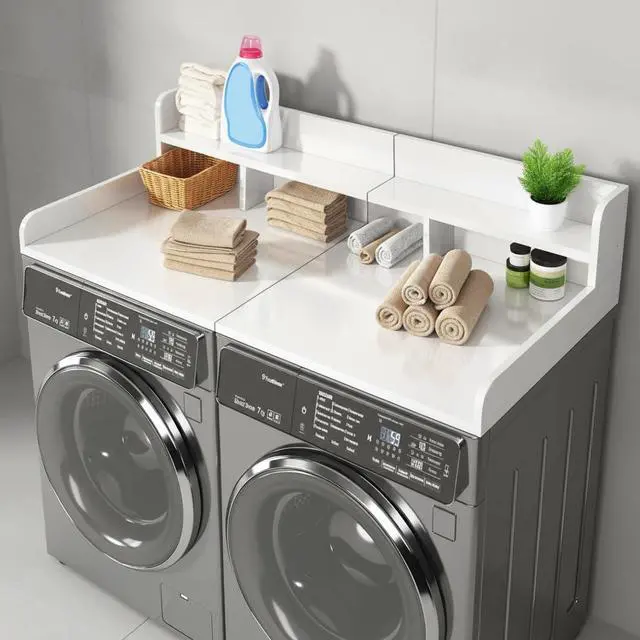 Main image of 54" Washer Dryer Countertop with Shelf, Stop Edge and Non-slip Pads, White | Wooden Laundry Countertop, 54" x 27.5" Double Layer Topper for Laundry Room Organization Hamper Counter, Sorting, Folding