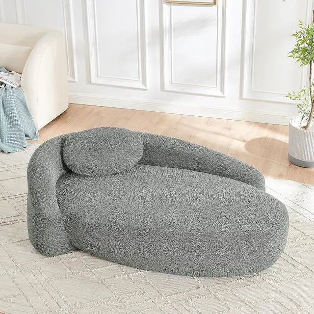 Alt view image 3 of 7 - 67" Boucle Upholstered Chaise Lounge Chair Indoor, Single Lounge Sofa with Left Armrest, Oval Shaped Soft Sleeper Sofa with Pillow, Accent Reading Chair for Living Room Bedroom, Dark Gray