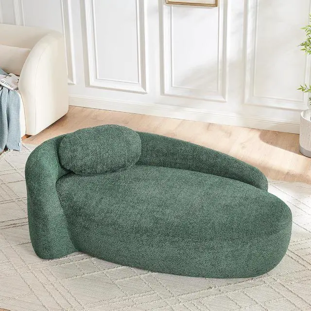 Alt view image 3 of 7 - 67" Boucle Upholstered Chaise Lounge Chair Indoor, Single Lounge Sofa with Left Armrest, Oval Shaped Soft Sleeper Sofa with Pillow, Accent Reading Chair for Living Room Bedroom, Green