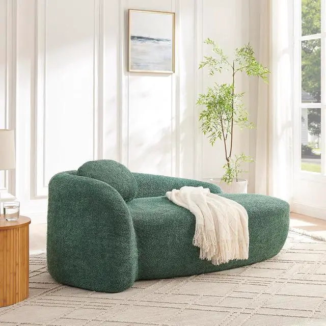Alt view image 4 of 7 - 67" Boucle Upholstered Chaise Lounge Chair Indoor, Single Lounge Sofa with Left Armrest, Oval Shaped Soft Sleeper Sofa with Pillow, Accent Reading Chair for Living Room Bedroom, Green