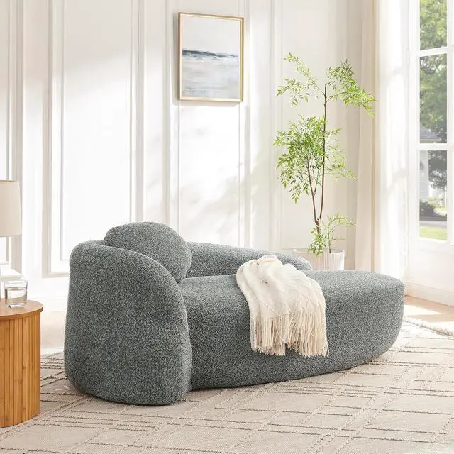 Alt view image 7 of 7 - 67" Boucle Upholstered Chaise Lounge Chair Indoor, Single Lounge Sofa with Left Armrest, Oval Shaped Soft Sleeper Sofa with Pillow, Accent Reading Chair for Living Room Bedroom, Dark Gray