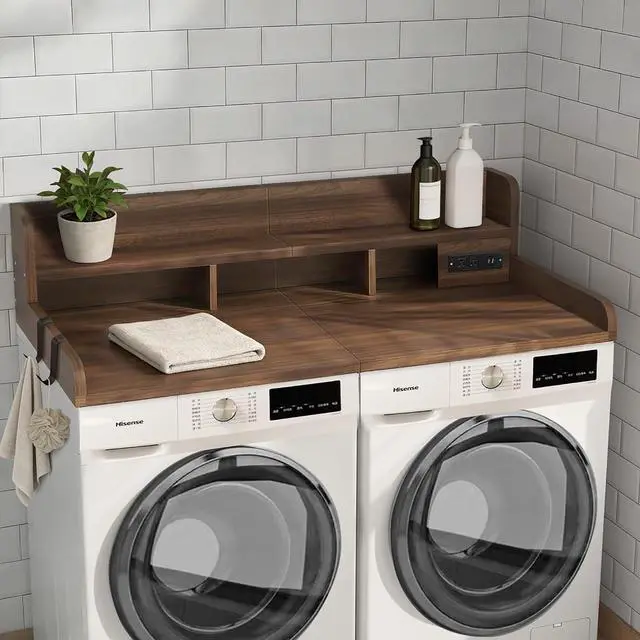 Main image of Washer Dryer Countertop with Power Outlet and Hooks, Laundry Machine Countertop with Non-slip Pads, Round Edge, 54" x 27.5" Double Layer Wood Topper, Laundry Room Storage for Folding, Sorting, Walnut