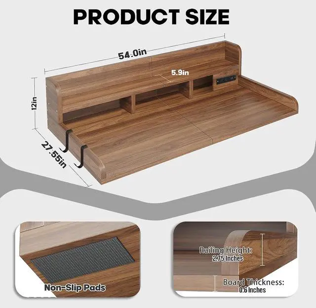 Alt view image 2 of 7 - Washer Dryer Countertop with Power Outlet and Hooks, Laundry Machine Countertop with Non-slip Pads, Round Edge, 54" x 27.5" Double Layer Wood Topper, Laundry Room Storage for Folding, Sorting, Walnut