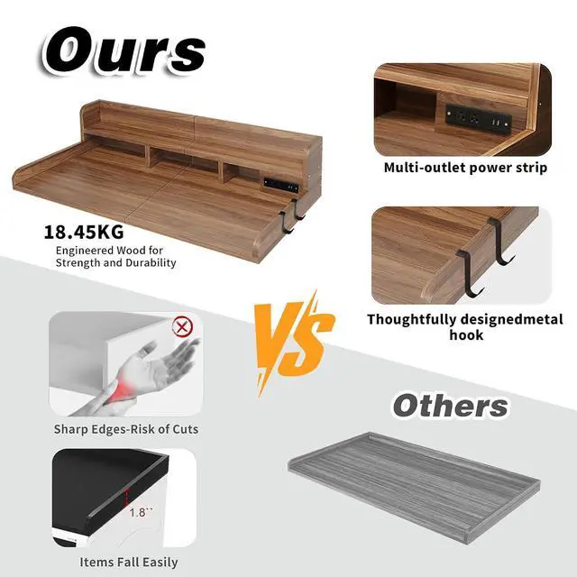 Alt view image 3 of 7 - Washer Dryer Countertop with Power Outlet and Hooks, Laundry Machine Countertop with Non-slip Pads, Round Edge, 54" x 27.5" Double Layer Wood Topper, Laundry Room Storage for Folding, Sorting, Walnut