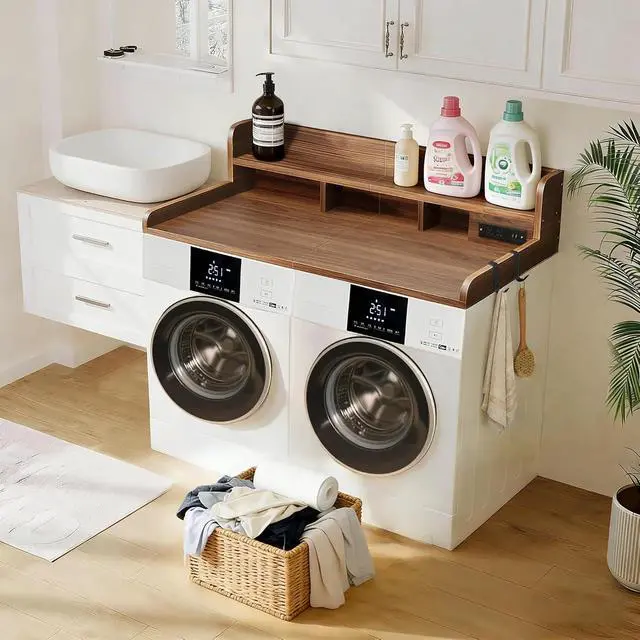 Alt view image 4 of 7 - Washer Dryer Countertop with Power Outlet and Hooks, Laundry Machine Countertop with Non-slip Pads, Round Edge, 54" x 27.5" Double Layer Wood Topper, Laundry Room Storage for Folding, Sorting, Walnut