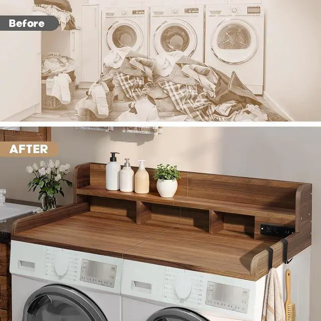 Alt view image 5 of 7 - Washer Dryer Countertop with Power Outlet and Hooks, Laundry Machine Countertop with Non-slip Pads, Round Edge, 54" x 27.5" Double Layer Wood Topper, Laundry Room Storage for Folding, Sorting, Walnut