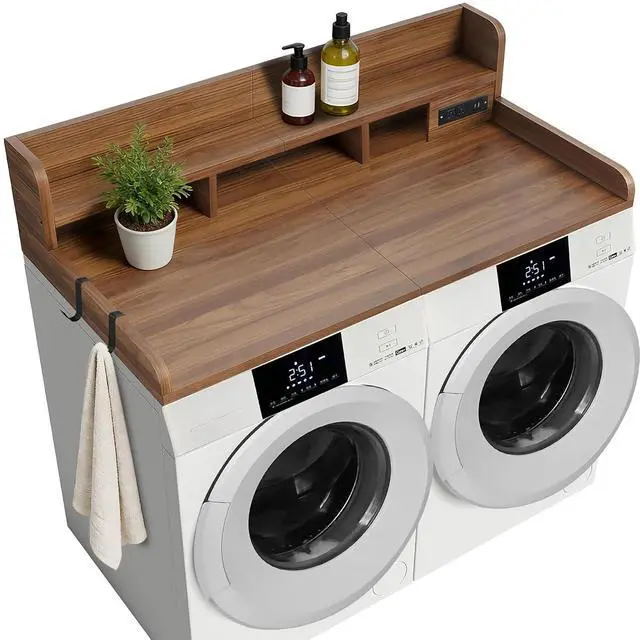 Alt view image 7 of 7 - Washer Dryer Countertop with Power Outlet and Hooks, Laundry Machine Countertop with Non-slip Pads, Round Edge, 54" x 27.5" Double Layer Wood Topper, Laundry Room Storage for Folding, Sorting, Walnut
