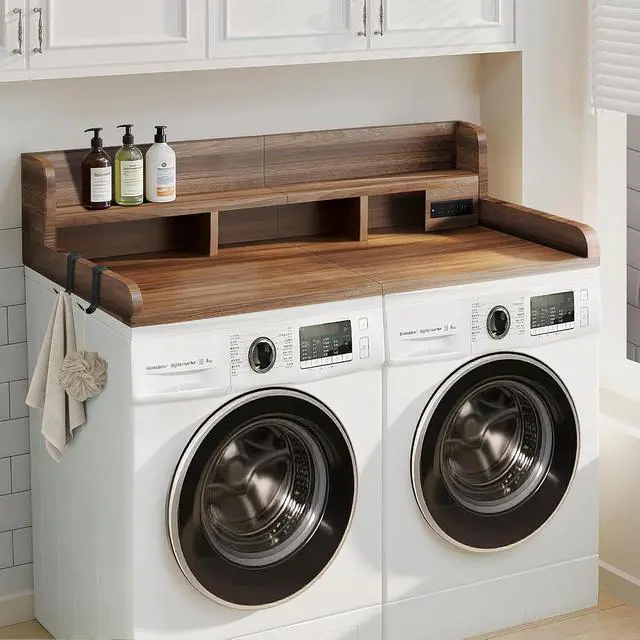 Alt view image 6 of 7 - Washer Dryer Countertop with Power Outlet and Hooks, Laundry Machine Countertop with Non-slip Pads, Round Edge, 54" x 27.5" Double Layer Wood Topper, Laundry Room Storage for Folding, Sorting, Walnut
