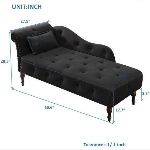 Alt view image 2 of 7 - 60.6" Buttons Tufted Chaise Lounge with Nailhead Trimmed Rolled Arm, Black | Velvet Upholstered, Solid Wood Legs & 1 Pillow, Rolled Arm, Fainting Couch For Book Reading, Snapping in Small Spaces