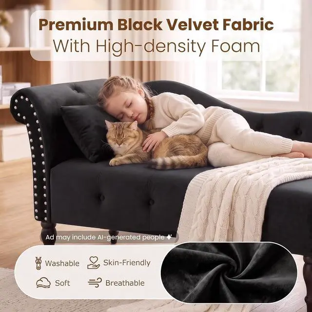 Alt view image 3 of 7 - 60.6" Buttons Tufted Chaise Lounge with Nailhead Trimmed Rolled Arm, Black | Velvet Upholstered, Solid Wood Legs & 1 Pillow, Rolled Arm, Fainting Couch For Book Reading, Snapping in Small Spaces