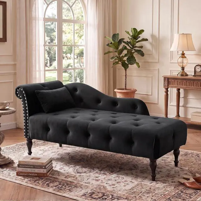 Main image of 60.6" Buttons Tufted Chaise Lounge with Nailhead Trimmed Rolled Arm, Black | Velvet Upholstered, Solid Wood Legs & 1 Pillow, Rolled Arm, Fainting Couch For Book Reading, Snapping in Small Spaces