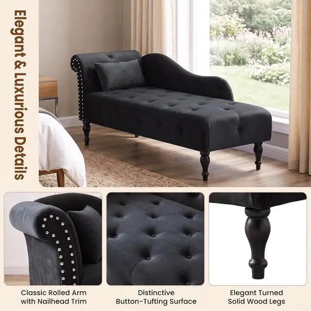 Alt view image 4 of 7 - 60.6" Buttons Tufted Chaise Lounge with Nailhead Trimmed Rolled Arm, Black | Velvet Upholstered, Solid Wood Legs & 1 Pillow, Rolled Arm, Fainting Couch For Book Reading, Snapping in Small Spaces
