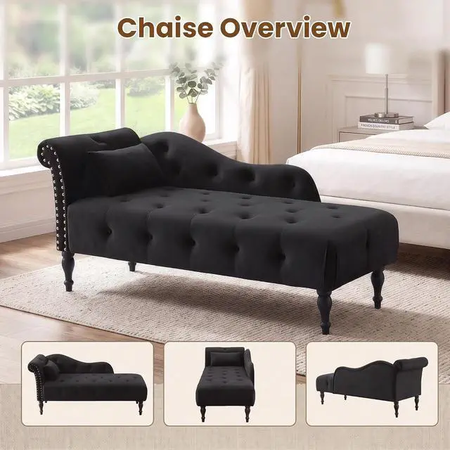 Alt view image 5 of 7 - 60.6" Buttons Tufted Chaise Lounge with Nailhead Trimmed Rolled Arm, Black | Velvet Upholstered, Solid Wood Legs & 1 Pillow, Rolled Arm, Fainting Couch For Book Reading, Snapping in Small Spaces