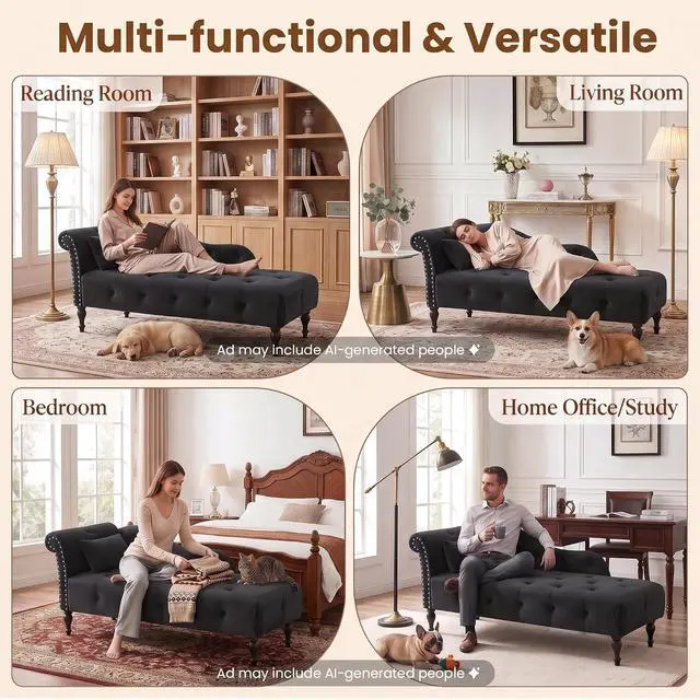 Alt view image 6 of 7 - 60.6" Buttons Tufted Chaise Lounge with Nailhead Trimmed Rolled Arm, Black | Velvet Upholstered, Solid Wood Legs & 1 Pillow, Rolled Arm, Fainting Couch For Book Reading, Snapping in Small Spaces
