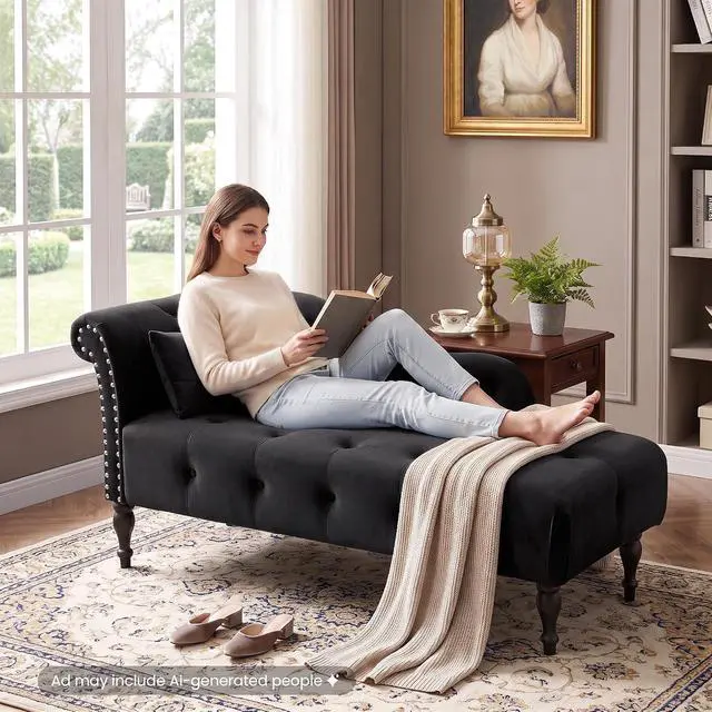 Alt view image 7 of 7 - 60.6" Buttons Tufted Chaise Lounge with Nailhead Trimmed Rolled Arm, Black | Velvet Upholstered, Solid Wood Legs & 1 Pillow, Rolled Arm, Fainting Couch For Book Reading, Snapping in Small Spaces