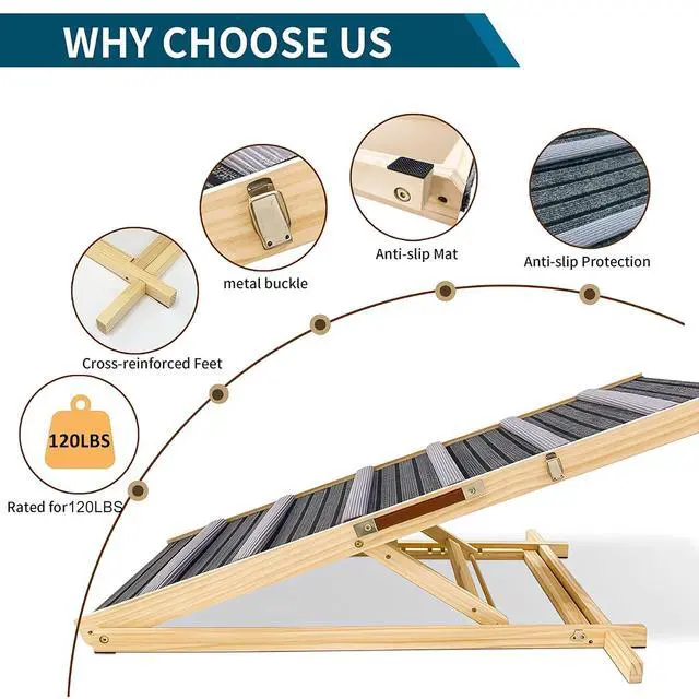 Alt view image 4 of 7 - Folding Dog Ramp for Bed and Couch, 39.4" Long Dog Steps, with 6 Adjustable Height from 14'' to 25", Foldable Wooden Pet Stairs with Non-Slip Pad for Small Dogs, Joint-Friendly, Hold up to 120lb