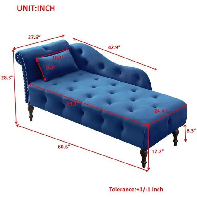 Alt view image 2 of 6 - 60.6" Buttons Tufted Chaise Lounge with Nailhead Trimmed Rolled Arm, Blue | Velvet Upholstered, Solid Wood Legs & 1 Pillow, Rolled Arm, Fainting Couch For Book Reading, Snapping in Small Spaces