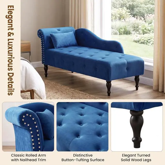 Alt view image 4 of 6 - 60.6" Buttons Tufted Chaise Lounge with Nailhead Trimmed Rolled Arm, Blue | Velvet Upholstered, Solid Wood Legs & 1 Pillow, Rolled Arm, Fainting Couch For Book Reading, Snapping in Small Spaces