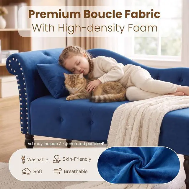 Alt view image 3 of 6 - 60.6" Buttons Tufted Chaise Lounge with Nailhead Trimmed Rolled Arm, Blue | Velvet Upholstered, Solid Wood Legs & 1 Pillow, Rolled Arm, Fainting Couch For Book Reading, Snapping in Small Spaces