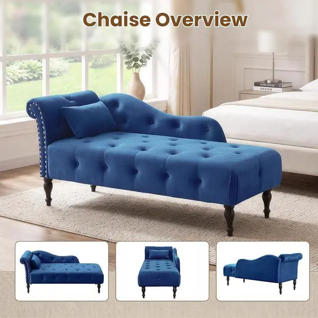 Alt view image 5 of 6 - 60.6" Buttons Tufted Chaise Lounge with Nailhead Trimmed Rolled Arm, Blue | Velvet Upholstered, Solid Wood Legs & 1 Pillow, Rolled Arm, Fainting Couch For Book Reading, Snapping in Small Spaces