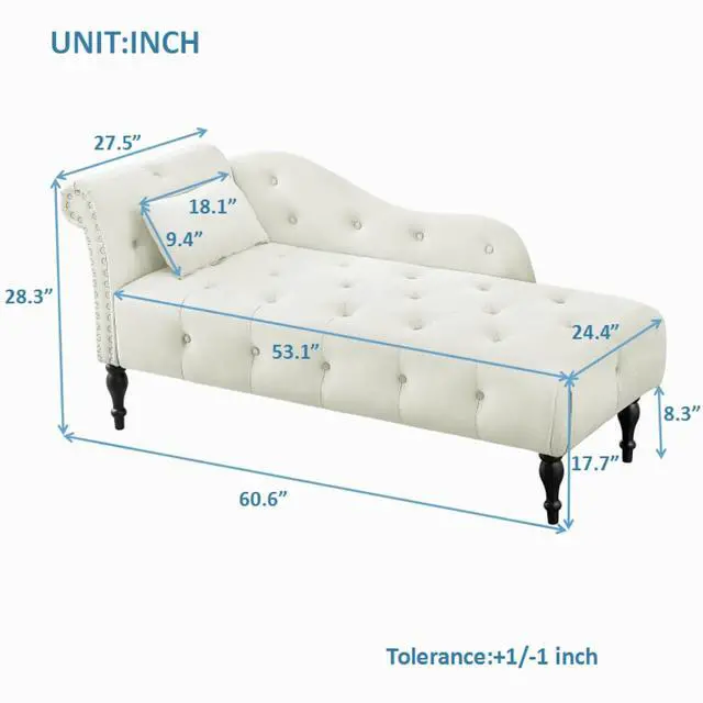 Alt view image 2 of 7 - 60.6" Buttons Tufted Chaise Lounge with Nailhead Trimmed Rolled Arm, White | Velvet Upholstered, Solid Wood Legs & 1 Pillow, Rolled Arm, Fainting Couch For Book Reading, Snapping in Small Spaces