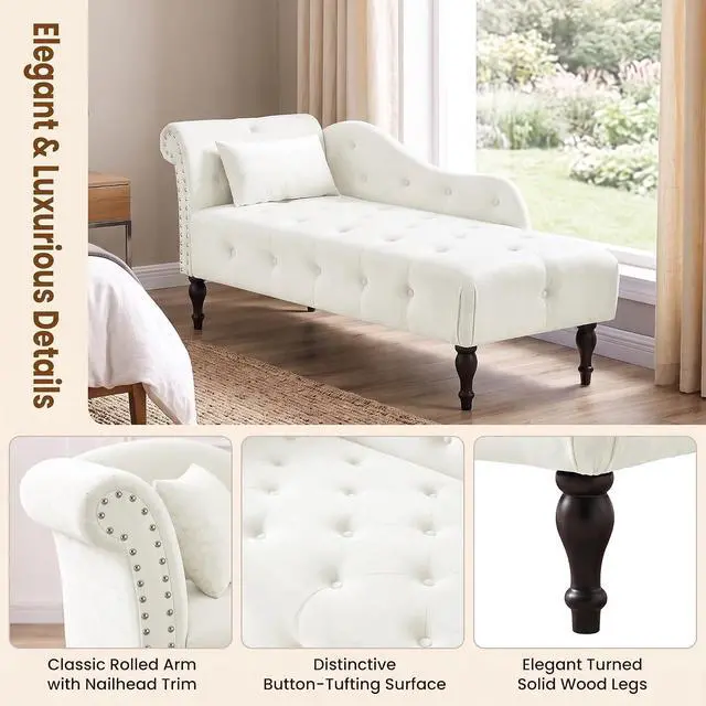 Alt view image 3 of 7 - 60.6" Buttons Tufted Chaise Lounge with Nailhead Trimmed Rolled Arm, White | Velvet Upholstered, Solid Wood Legs & 1 Pillow, Rolled Arm, Fainting Couch For Book Reading, Snapping in Small Spaces