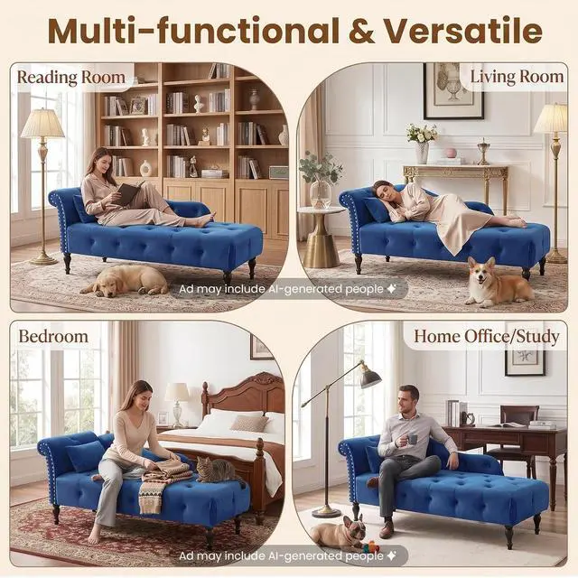 Alt view image 6 of 6 - 60.6" Buttons Tufted Chaise Lounge with Nailhead Trimmed Rolled Arm, Blue | Velvet Upholstered, Solid Wood Legs & 1 Pillow, Rolled Arm, Fainting Couch For Book Reading, Snapping in Small Spaces