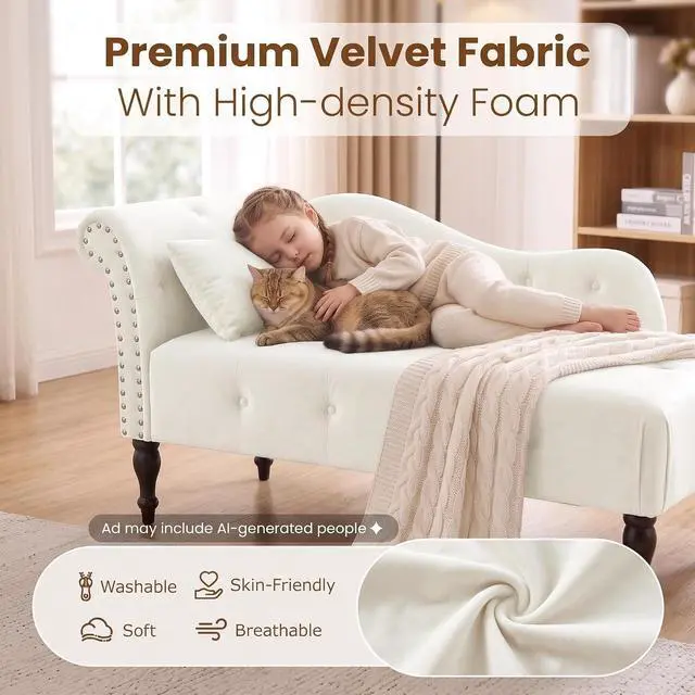 Alt view image 4 of 7 - 60.6" Buttons Tufted Chaise Lounge with Nailhead Trimmed Rolled Arm, White | Velvet Upholstered, Solid Wood Legs & 1 Pillow, Rolled Arm, Fainting Couch For Book Reading, Snapping in Small Spaces