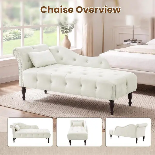 Alt view image 6 of 7 - 60.6" Buttons Tufted Chaise Lounge with Nailhead Trimmed Rolled Arm, White | Velvet Upholstered, Solid Wood Legs & 1 Pillow, Rolled Arm, Fainting Couch For Book Reading, Snapping in Small Spaces