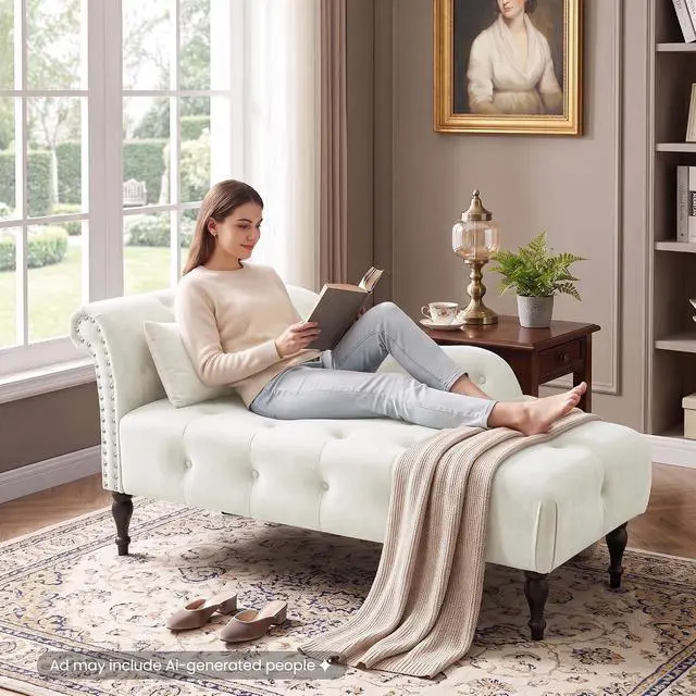 Alt view image 5 of 7 - 60.6" Buttons Tufted Chaise Lounge with Nailhead Trimmed Rolled Arm, White | Velvet Upholstered, Solid Wood Legs & 1 Pillow, Rolled Arm, Fainting Couch For Book Reading, Snapping in Small Spaces