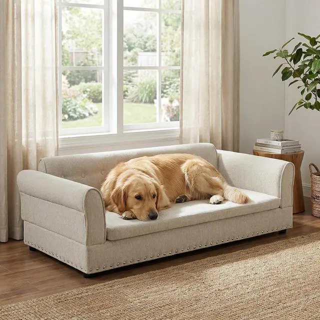 Main image of Elevated Large Dog Bed with Removable Cushion, 55" Linen Fabric XL Dog Couch, Pet Sofa Bed with Backrest & Armrest for Large & Oversized Dogs, Washable Soft Cushion Cover, Rivet Decor, Beige