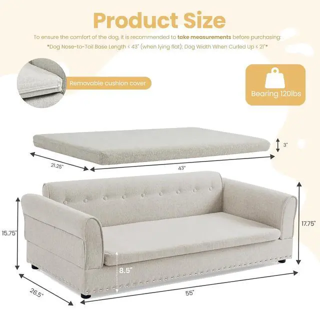 Alt view image 2 of 6 - Elevated Large Dog Bed with Removable Cushion, 55" Linen Fabric XL Dog Couch, Pet Sofa Bed with Backrest & Armrest for Large & Oversized Dogs, Washable Soft Cushion Cover, Rivet Decor, Beige
